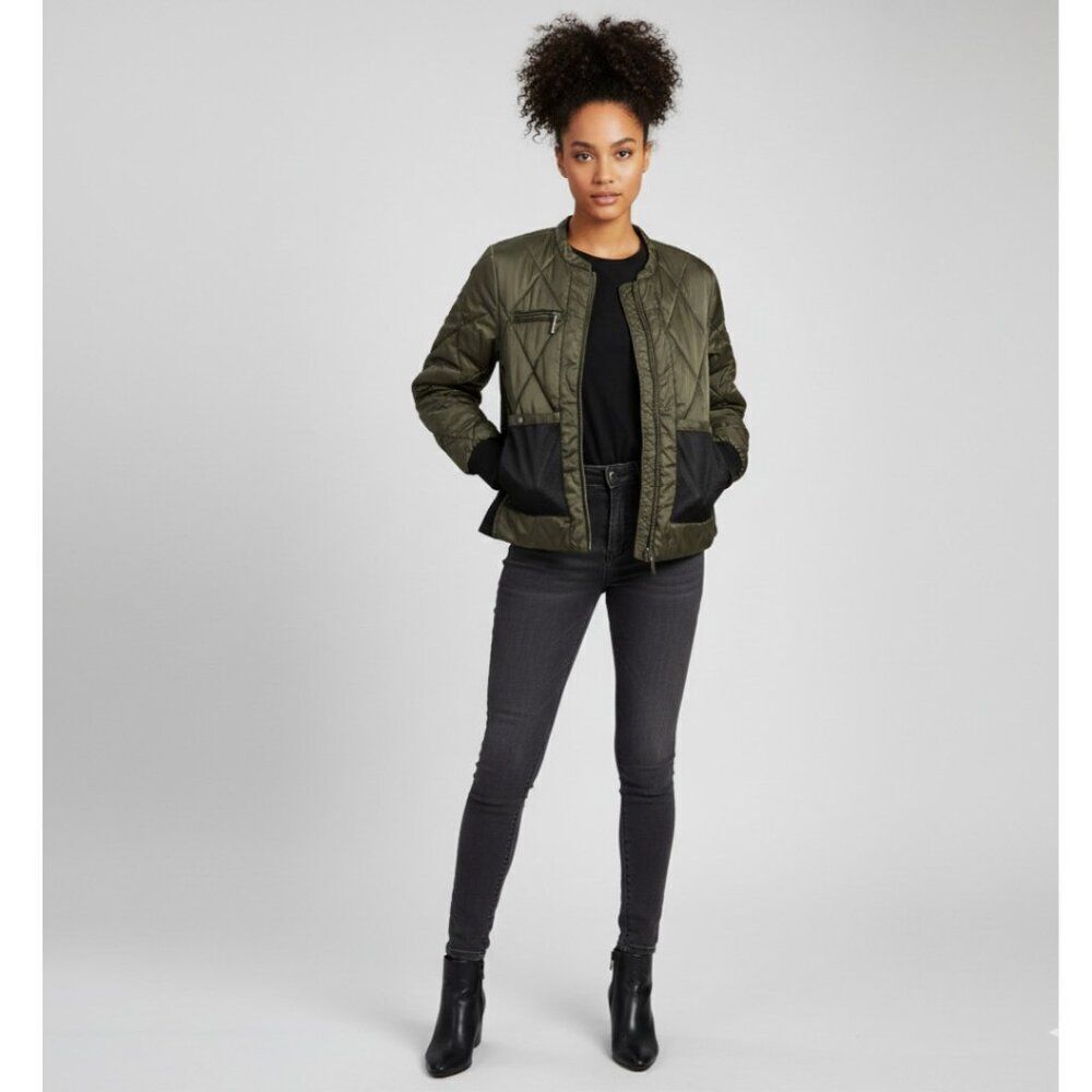 Hoss Intropia Olive Green Quilted Bomber Jacket w/ Mesh Details - EU 36 (US 4/6)